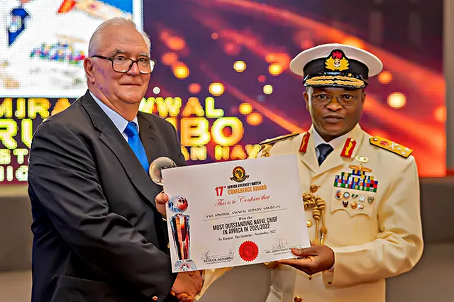 The Immediate Past Chief of the Naval Staff, Vice Admiral AZ Gambo CFR receiving the award for the Most Outstanding Naval Chief in Africa in 2021/2022 during the 17th Africa Security Watch Conference in Banjul, The Gambia