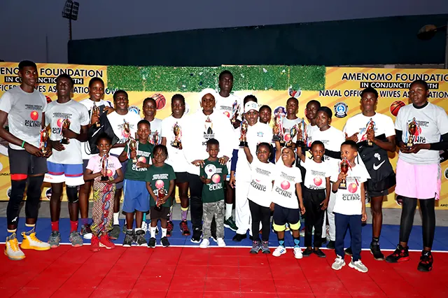 The immediate past President of NOWA, Hajiya Nana Aisha Gambo in a group photograph with the award winners of the Basketball Clinic