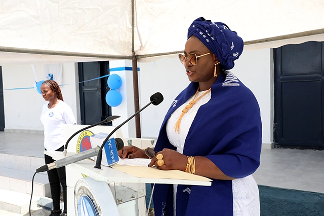 The immediate past President of NOWA, Hajiya (Dr.) Aisha Gambo giving a Speech at the Commissioning of NOWA Shopping Complex, Kuje, Abuja