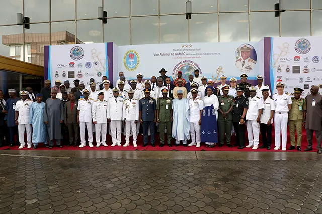 The Former Hon Minister of Defence, Maj Gen BS Magashi CFR, Immediate Past Chief of Defence Staff, Past Service Chiefs and Immediate Past President of NOWA in a group photograph with invited dignitaries during 2022 Navy Week International Maritime Conference at Onne, Port Harcourt, Rivers State