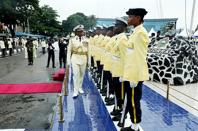 Immediate past CNS Inspecting Parade at the Pulling Out Ceremony of Vice Admiral AZ Gambo
